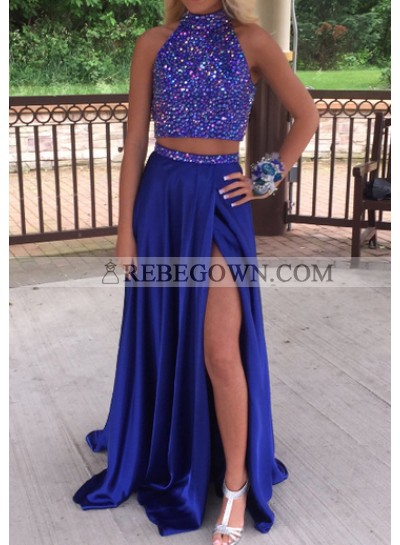 High Neck Satin Side Slit Two Pieces Prom Dresses