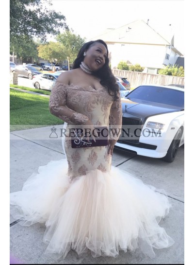 2022 Sexy Long Sleeves Off The Shoulder Ivory Tulle Prom Dresses