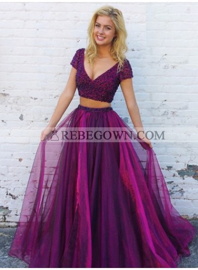 New Arrival Princess/A-Line Two Pieces Purple Prom Dresses With Short Sleeves
