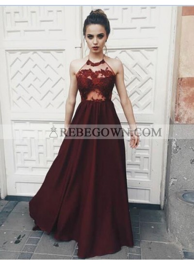 2022 Cheap Princess/A-Line Halter Burgundy Backless Prom Dresses