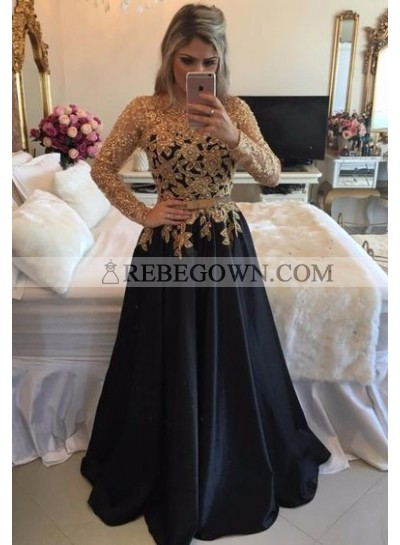 2022 Charming Princess/A-Line Black Long Sleeves With Gold Appliques Prom Dresses