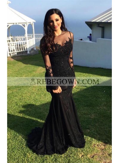 2022 Siren Black Mermaid Tulle Long Sleeves Prom Dresses With Appliques