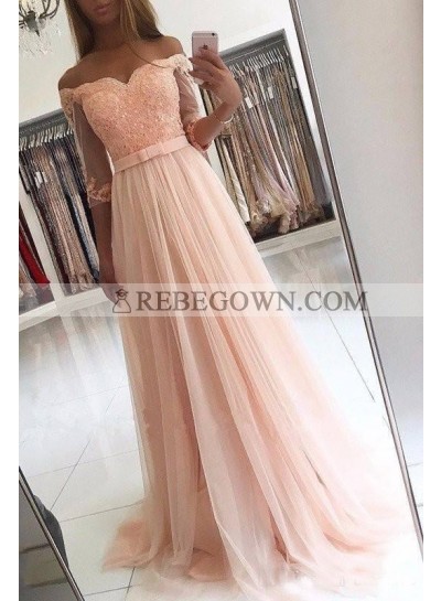 2022 Charming Princess/A-Line Tulle Long Sleeves Off The Shoulder Pink Wedding Dresses