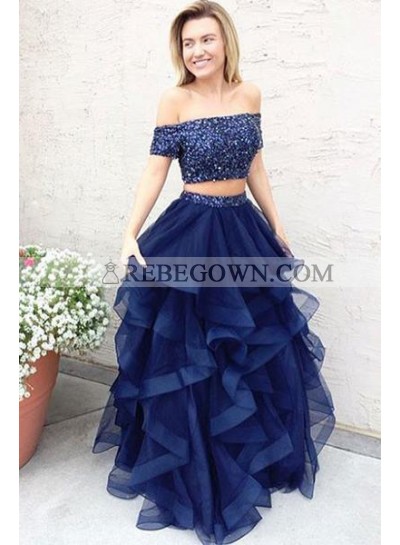 Dark Navy Princess/A-Line Tulle Two Pieces Prom Dresses
