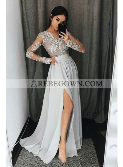 2022 Cheap Princess/A-Line Chiffon Side Slit Silver Long Sleeves Prom Dresses