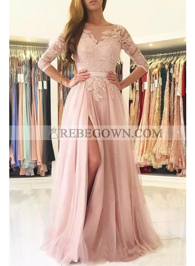 2022 Charming Princess/A-Line Side Slit Long Sleeves Pink Prom Dresses