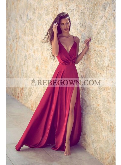 2022 Siren Princess/A-Line Red Satin Side Slit Prom Dresses