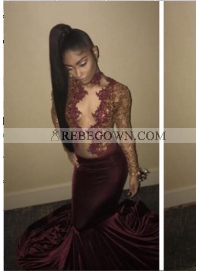 2022 Prom Dresses Long Sleeve Burgundy Sexy Deep V Mermaid 