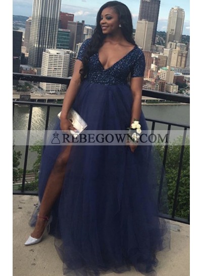 Royal Blue Tulle High Waist Short Sleeves Sequence Side Slit Plus Size V Neck Prom Dresses