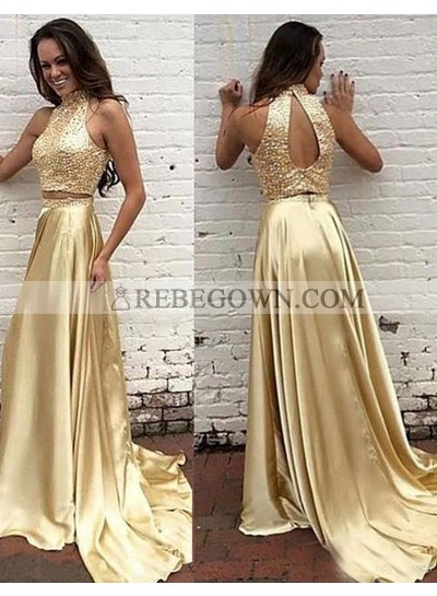 New Arrival Princess/A-Line Gold Two Pieces Satin Prom Dresses