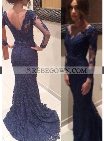rebe gown 2022 Blue Sheer Sleeves Mermaid Lace Prom Dresses
