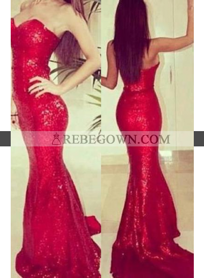 2022 Gorgeous Red Sweetheart Mermaid Sequined Prom Dresses