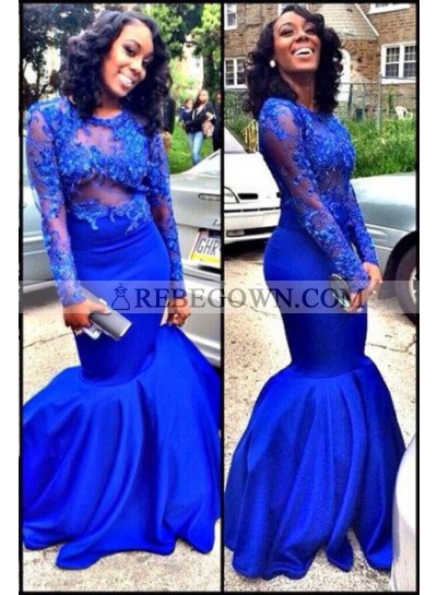 rebe gown 2022 Blue Illusion Appliques Mermaid Satin Prom Dresses