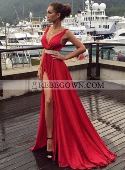 2022 Gorgeous Red Long Floor length V-Neck Split Front Beading Chiffon Prom Dresses