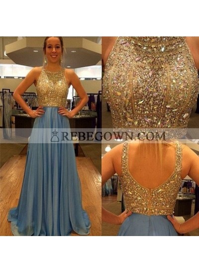 rebe gown 2022 Blue Long Floor length A-Line Beading Zipper Chiffon Prom Dresses