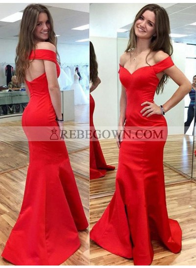 2022 Gorgeous Red Off-the-Shoulder Mermaid Satin Prom Dresses
