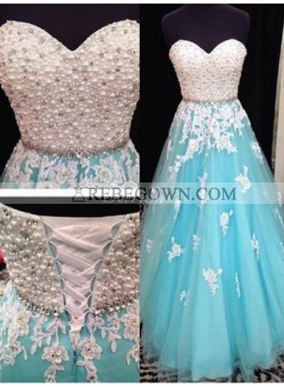 A-Line rebe gown 2022 Blue Sweetheart Sleeveless Natural Zipper Long Floor length Tulle Prom Dresses