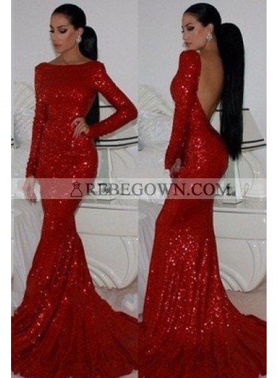 2022 Gorgeous Red Mermaid Bateau Long Sleeve Backless Sequined Prom Dresses