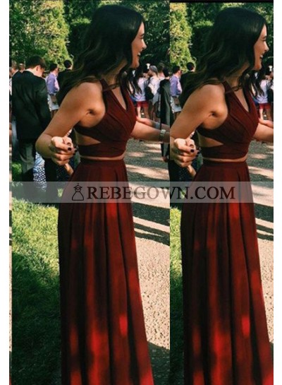 burgundy Halter Long Floor length A-Line  Stretch Satin Two Pieces Prom Dresses
