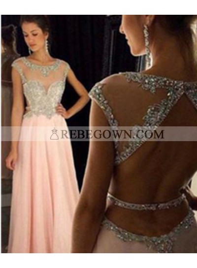 Long Floor length A-Line Capped Sleeves Chiffon 2022 Glamorous Pink Prom Dresses