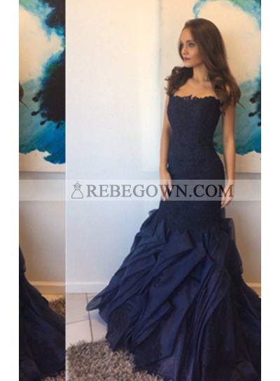 Navy Blue Layers Strpless Sweep Train Lace Prom Dresses