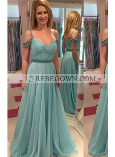 A-Line Off-the-Shoulder Sleeveless Natural Zipper Chiffon rebe gown 2022 Blue Prom Dresses