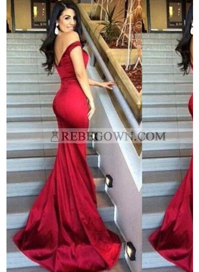 2022 Gorgeous Red Off-the-Shoulder Column/Sheath Taffeta Prom Dresses