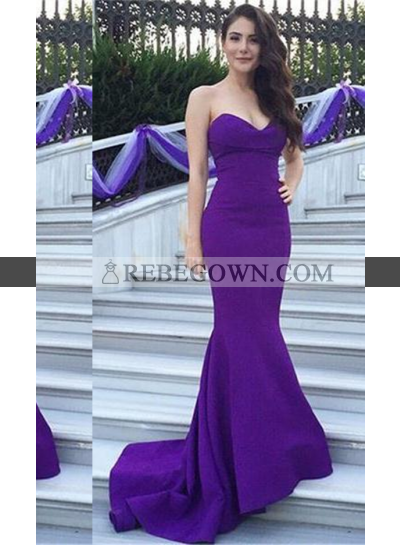 Purple Sweetheart Court Train Mermaid Satin Prom Dresses