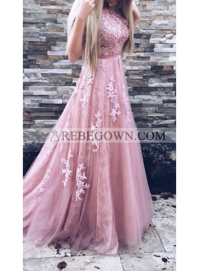 New Arrival Tulle Dusty Rose Prom Dresses With Appliques