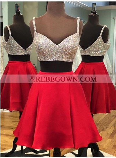 Two Piece Spaghetti Straps Above-Knee Red Homecoming Dress with Sequins Beading