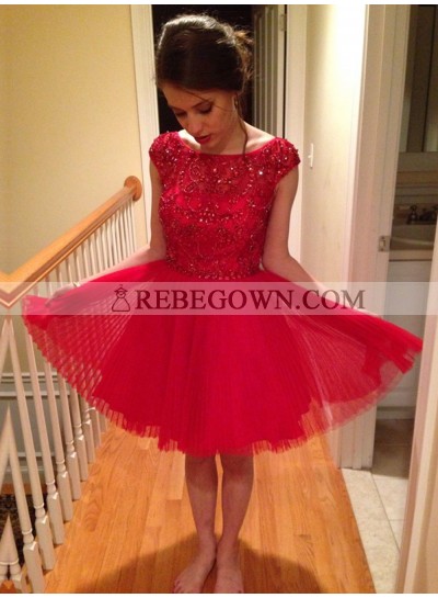 A-Line Bateau Cap Sleeves Knee-Length Red Homecoming Dress 2022 with Beading Lace