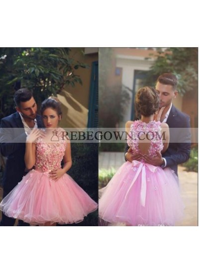 A-Line Round Sleeveless Above-Knee Pink Homecoming Dress 2022 with Appliques