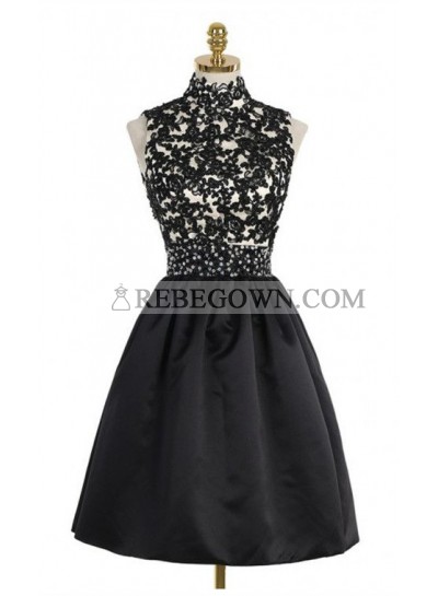 A-Line High Neck Open Back Above-Knee Black Homecoming Dress 2022 with Lace Sequins