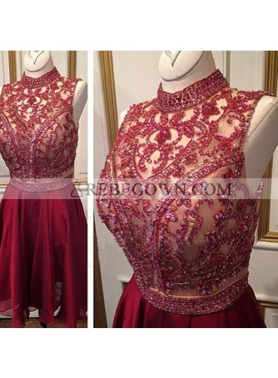 A-Line High Neck Burgundy Chiffon Short Homecoming Dress 2022 with Beading Sequins