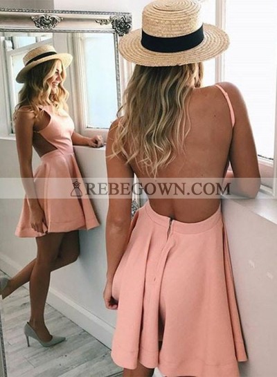 Princess/A-Line Crew Neck Backless Pink Satin Homecoming/Prom Dresses