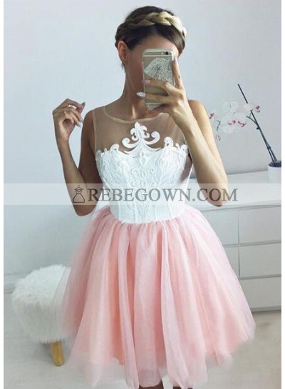 A-Line Jewel Appliques Blush Tulle Homecoming Dress 2022