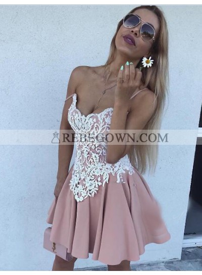 A-Line Spaghetti Straps Short Blush Homecoming Dress 2022 with Appliques