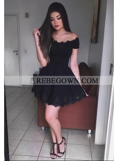 A-Line Off-the-Shoulder Short Sleeves Black Lace Homecoming Dress 2022 