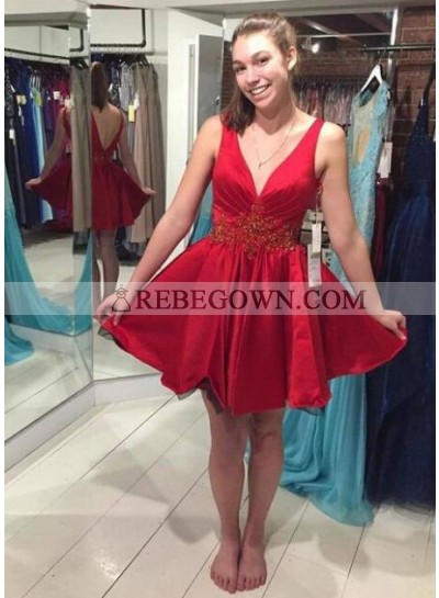 A-Line Deep V-Veck Sleeveless Red Stretch Satin Homecoming Dress 2022 with Beading