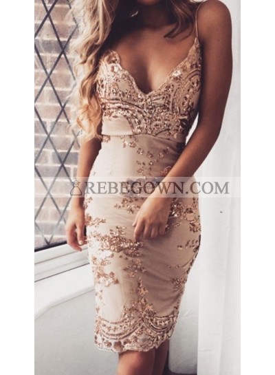 Sheath Spaghetti Straps Knee-Length Champagne Homecoming Dress 2022 with Sequins