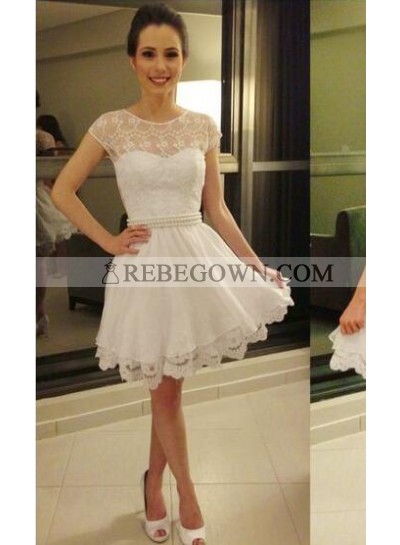 A-Line Jewel Cap Sleeves White Short Homecoming Dress 2022 with Pearl