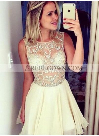 A-Line Round Neck Short Ivory Chiffon Homecoming Dress 2022 with Beading
