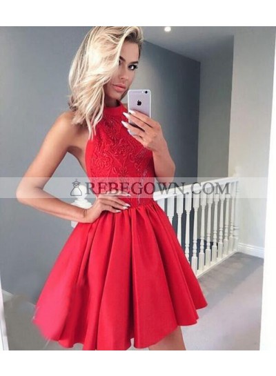 A-Line Jewel Backless Red Homecoming Dress 2022 with Appliques