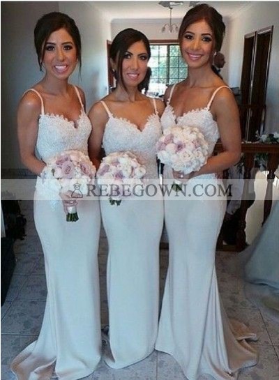 2022 New Arrival Mermaid  Satin Silver Sweetheart Spaghetti straps Lace Bridesmaid Dresses / Gowns
