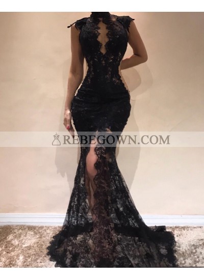 Charming Black High Neck Lace Mermaid  2022 Prom Dresses