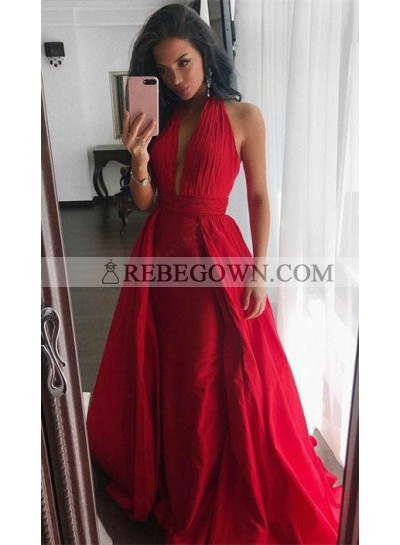 2022 Cheap Princess/A-Line Red Chiffon Halter Prom Dresses