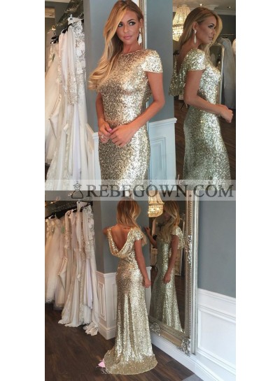 2022 New Arrival Gold Sequins With Capped Sleeves Long Bridesmaid Dresses / Gowns
