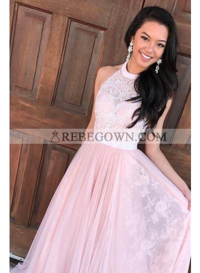 2022 Cheap Pink Princess/A-Line Tulle Lace Backless Prom Dresses