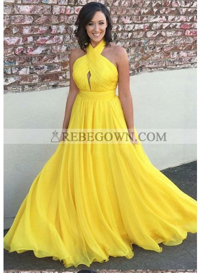 2022 Cheap Chiffon Princess/A-Line Daffodil Backless Halter Prom Dresses