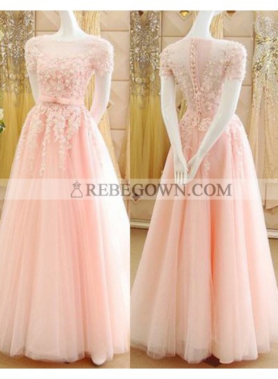 2022 Glamorous Pink Short Sleeves Appliques A-Line Tulle Prom Dresses